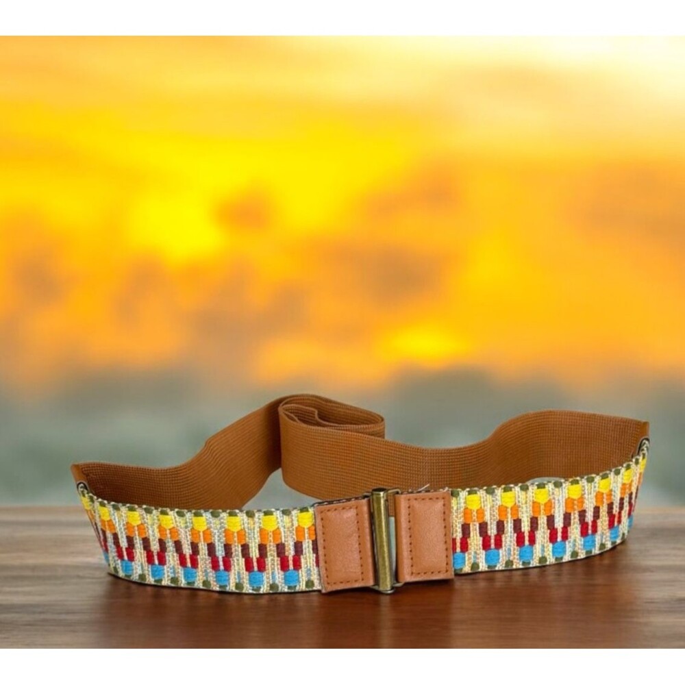 Embroidered Southwestern Rainbow Large Boho Belt Light Brown Hippie Granola Girl
